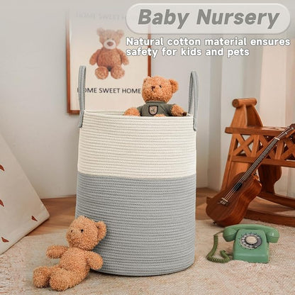 JMvicyroam Large Woven Laundry Basket Hamper,100L Cotton Rope Storage Bin for Blankets,Toys and Clothes,Decorative Tall Nursery Hamper for Living Room,Baby Nursery,Bathroom and Bedroom,White and Grey