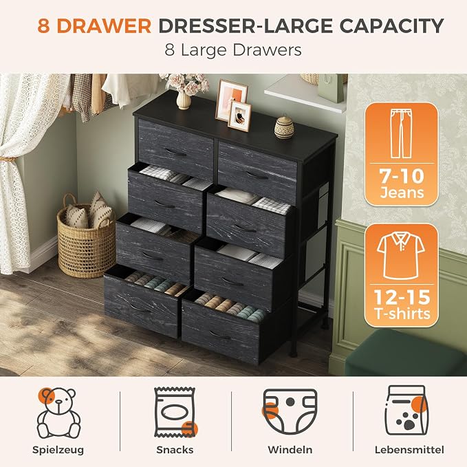 Sweetcrispy 8 Drawer Fabric Dresser for Bedroom, Tall Double Dresser Chest of Drawers with Sturdy Steel Frame and Wooden Top, Storage Organizer with Easy Pull Handles,Black Wood Grain