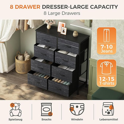 Sweetcrispy 8 Drawer Fabric Dresser for Bedroom, Tall Double Dresser Chest of Drawers with Sturdy Steel Frame and Wooden Top, Storage Organizer with Easy Pull Handles,Black Wood Grain