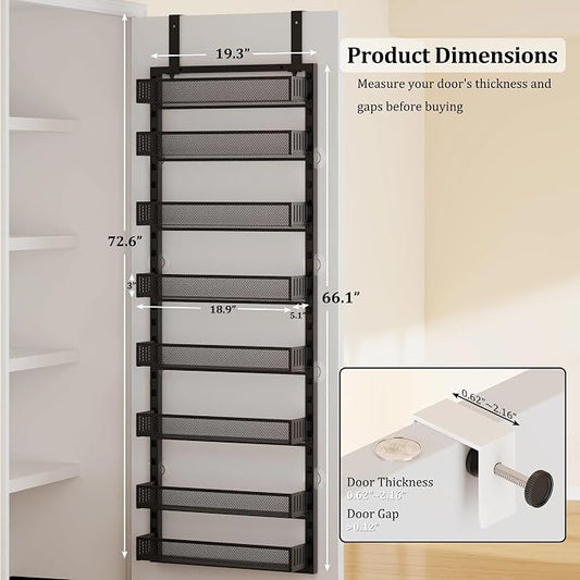 Over the Door Pantry Organizer, 8-Tier Over the Door Spice Rack with Adjustable Baskets, Wall-Mounted or Hanging Shelves for Kitchen, Laundry Room, Bathroom(Black, 19.3"W x 5.2"D x 72.6"H)