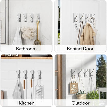 pickpiff Silver Self Adhesive Coat Hooks for Hanging: 13LB Extra Strong Stainless Wall Hook for Towel, Utensil, Backpack, Hat, Sturdy Metal Hanger for Bathroom, Kitchen, Door, 4-Pack