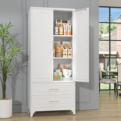 75" Kitchen Pantry Cabinet,Metal Storage Cabinets with 2 Drawers,Pantry Cabinet with Doors and Shelves,White Tall Storage Cupboard for Living Room, Dining Room Office