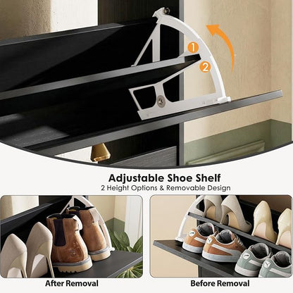 Nicetree Shoe Cabinet with 2 Flip Drawers, Narrow Shoe Organizer Cabinet, Freestanding Shoe Rack Cabinet, Modern Shoe Storage Cabinet for Entryway, Hallway, Foyer, Black with Hook