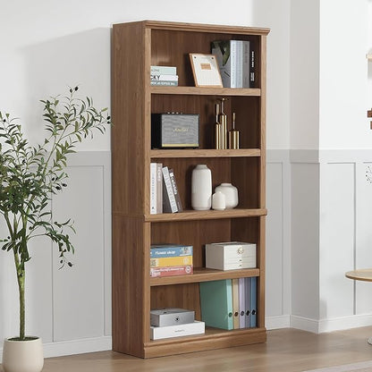 blini 5-Shelf Tall Bookcase Wooden Bookshelves 33in Wide Floor Standing Display Storage Book Shelves 70 in Oak Bookcase for Home Office, Living Room, Bed Room