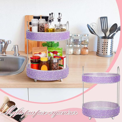 Honeydak 360 Rotating Perfume Organizer Gift for Women, Rhinestone Preppy Skincare Organizer Bathroom Counter Makeup Holder Skincare and Perfume Storage for Cosmetic(2 Tiers,Pearl,Purple)
