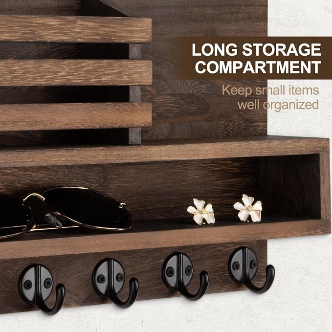 Key and Mail Holder Wall Mount, Key Hanger with Long Storage Box and Key Hooks for Coat, Dog Leash, Home Decor Rack, House Accessories, Entry Way Organizer