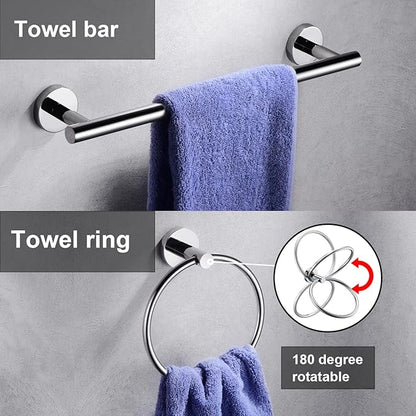 5 Pieces Polished Chrome Bathroom Hardware Accessories Set,Hand Towel Ring,16 inch Towel Bar,Toilet Paper Holder,2pcsTowel Hooks,Round SUS304 Stainless Steel Heavy Duty Wall Mount Holder,Towel Rack