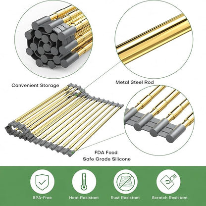 Expandable Large Draining Rack, Roll Up Heat-Resistant Dish Drainer for Stainless Steel Sinks, Collapsible Over The Sink Rack Non-Slip Silicone Rolling Up Rack Gold 18 Tube