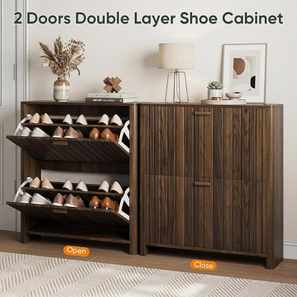 Shoe Cabinet with 2 Flip Drawers, 31.5 Inch Narrow Fluted Shoe Organizer with Gradient Wood Strips Door for Entryway Hallway, Living Room Storage Furniture, Walnut
