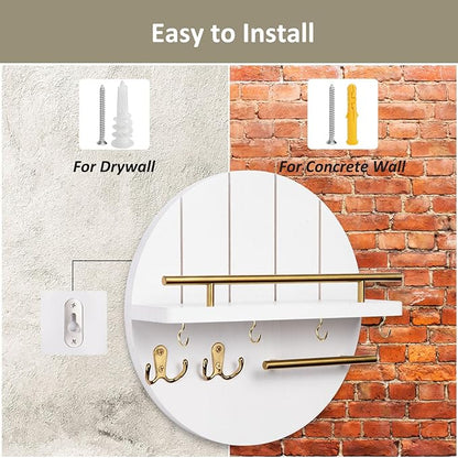 Nekon Key Holder Wall Mount, 11.8 Inch Rack With Shelf and 6 Hooks, Rustic Mail Organizer, Circular Wooden Hanger for Entryway Hallway Kitchen (White&Gold)