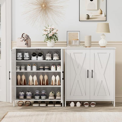 Homleke Farmhouse Shoe Cabinet with 2 Barn Doors & Wood Legs, 5-Tier Shoe Storage Cabinet with 3 Adjustable Shelves, Tall Shoe Rack Organizer for Closet, Shoe Organizer for Entryway, Hallway, White