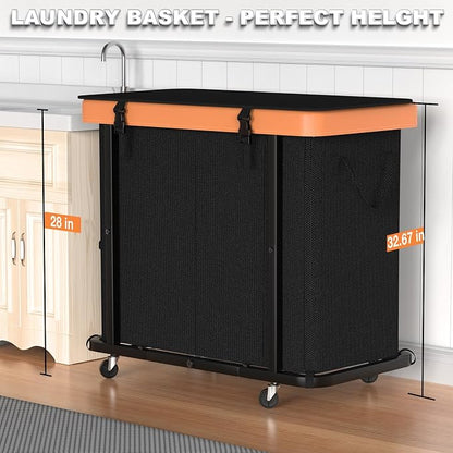 230L (60 Gal) Large Fashion Laundry Basket with Wheels, Leather Patchwork Laundry Sorter 3 Section, Sturdy Metal Frame, Removable Washable Bag, Tall Clothes Sorter for Bedroom - Black