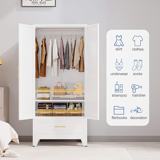 Steel Armoire Wardrobe Closet with Mirror Doors, 71" Household Wardrobe Cabinet with Hanging Rod and Drawer, Metal Clothing Storage Cabinet with Adjustable Shelf for Bedroom, Cloak, Gym(White)