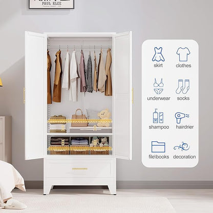 Steel Armoire Wardrobe Closet with Mirror Doors, 71" Household Wardrobe Cabinet with Hanging Rod and Drawer, Metal Clothing Storage Cabinet with Adjustable Shelf for Bedroom, Cloak, Gym(White)