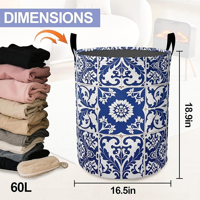 Blue Laundry Basket-Large Foldable Hamper Holder Portable Tall Collapsible Laundry Hamper Storage Basket Bin with Handles, Canvas & Waterproof lining for Household Items