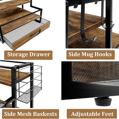 Countertop Coffee Syrup Rack Organizer, 4-Tier Wooden Holder Stand with 36 K Cup Storage Drawer for Coffee Bar Accessories,Condiment Storage Shelves for Kitchen,Home,Office,Restaurant