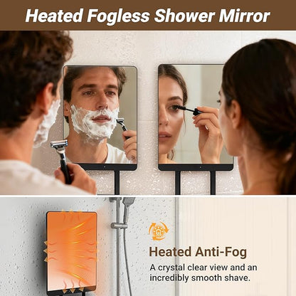 Heated Fogless Shower Mirror for Shaving, 5000mAh Long-Lasting Anti-Fog Shower Mirror with 360° Rotating Design & Razor Holder, Fog-Free Shaving Mirror for Men (Black)