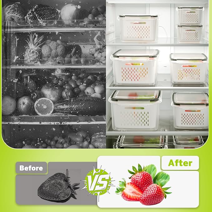 5 Pack Fruit Storage Containers for Fridge, Plastic Fruit Containers for Fridge with Removable Colanders, Leakproof Fridge Organizers and Storage for Berry Vegetable Salad Lettuce Meat Food