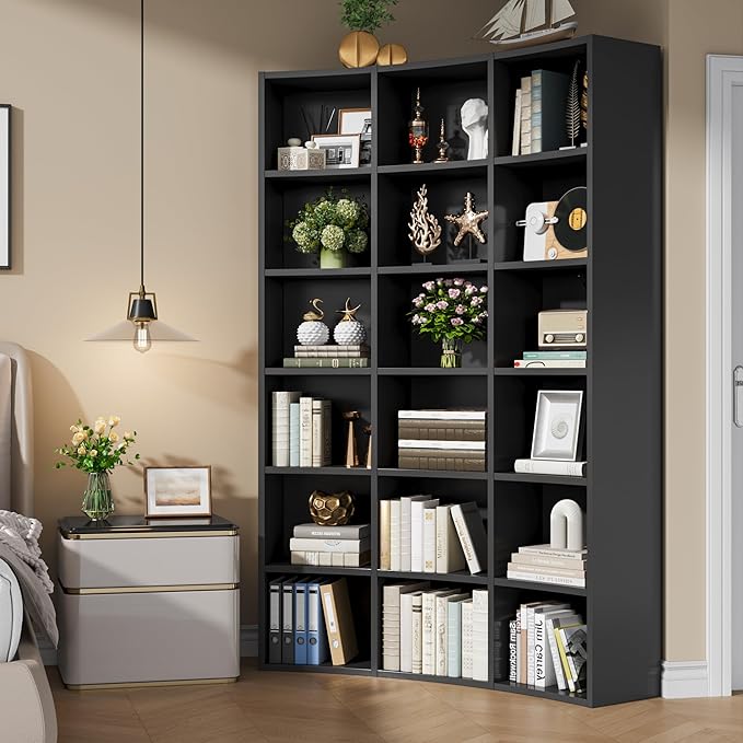 Semoic 71" Curved Bookshelf,Triple Width 6 Tier Bookcase with Storage Cabinet,Modern Tall Bookshelf with 18 Open Display Shelves, Floor Standing Book Shelf for Living Room,Black
