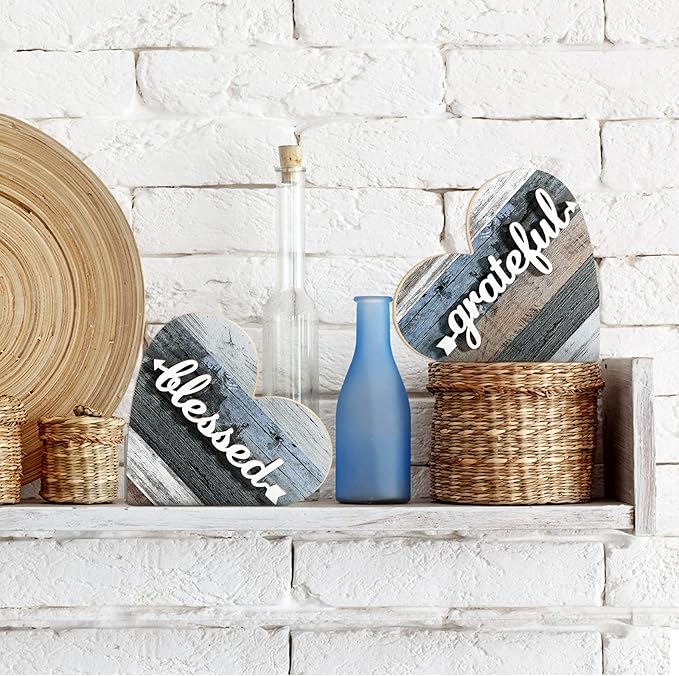 Jetec 2 Pcs Rustic Table Decorations for Living Room Home Decor Farmhouse Valentines Day Centerpiece Small Love Wooden Heart Decor for Dining Room Shelf Valentines Gift Decoration(Grateful Style)