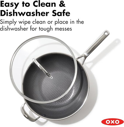 OXO Hybrid 12” Nonstick Wok with Glass Lid, PFAS-Free Ceramic Stir-Fry Pan, Induction & All Cooktop Compatible, Dishwasher Safe, Fusion Boost Tech for Powerful Searing, Mirror Polished Tri-Ply