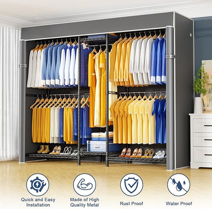 Ulif E12C Heavy Duty Closet Organizer System，Freestanding Clothing Racks for Hanging Clothes，Adjustable Garment Rack 71" W x 16" D x 76.5" H Hold 960 lbs，Black Clothing Rack with Grey Dustproof Cover