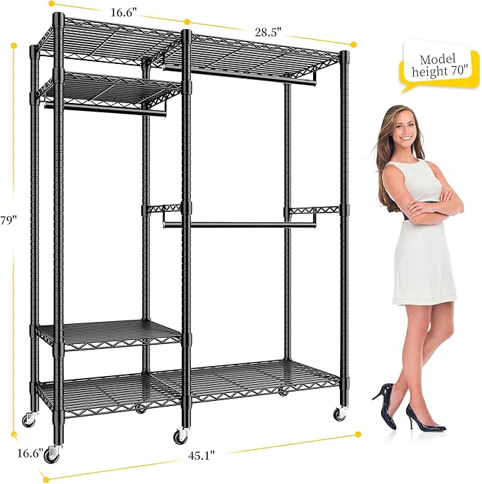 Raybee 79" H Clothes Rack Heavy Duty with Wheels, Clothing Rack for Hanging Clothes Rolling Portable Closet, 45" Wx17 Dx79 H,Black
