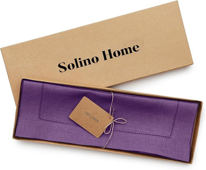 Solino Home Linen Cloth Placemats Set of 6-100% Pure Linen Hemstitch Purple Placemats 14 x 19 Inch - Classic Hemstitch Table Place Mats for Valentines, Spring, Easter