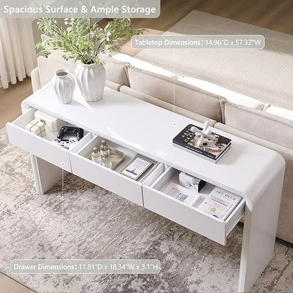 63'' Console Table with 3 Drawers, Modern Entryway Table with Curved Profile Design, Narrow Long Wood Sofa Table Behind Couch Table for Living Room, Hallway, Foyer, White