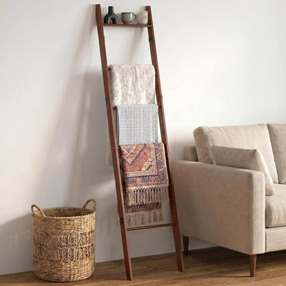 6 Tier Brown Blanket Ladder with Shelf, Wooden Blanket Rack for Living Room, Leaning Towel Ladder Rack for Bedroom, Bathroom, Quilts, Throws, Towels and Farmhouse Décor