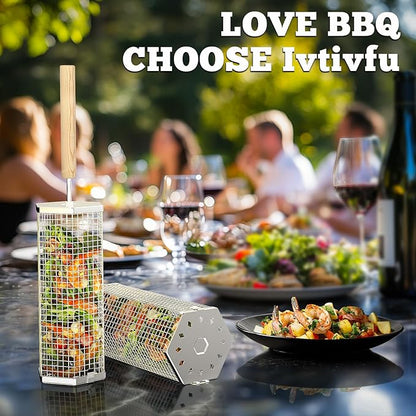 ivtivfu Rolling Grill Basket, Removable Wooden Handle, 304 Stainless Steel, Nesting Grilling Tools, Smoker BBQ Accessories for Vegetable, Outdoor Cooking Camping, Birthday Gifts for Men Dad Husband
