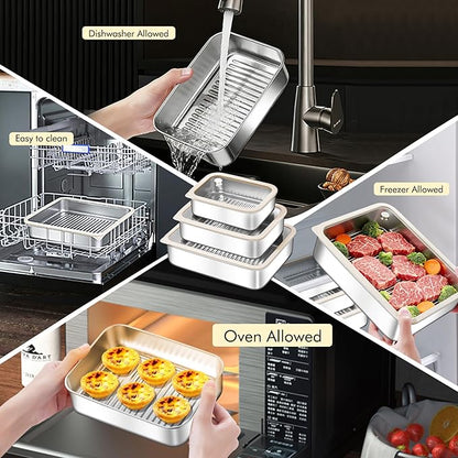 3-Piece Extra Thick 304 Stainless Steel Food Storage Containers with Non-Stick Bottom, Airtight Glass Lids & Silicone Seal, Stackable Kitchen Organization Boxes for Food Preservation