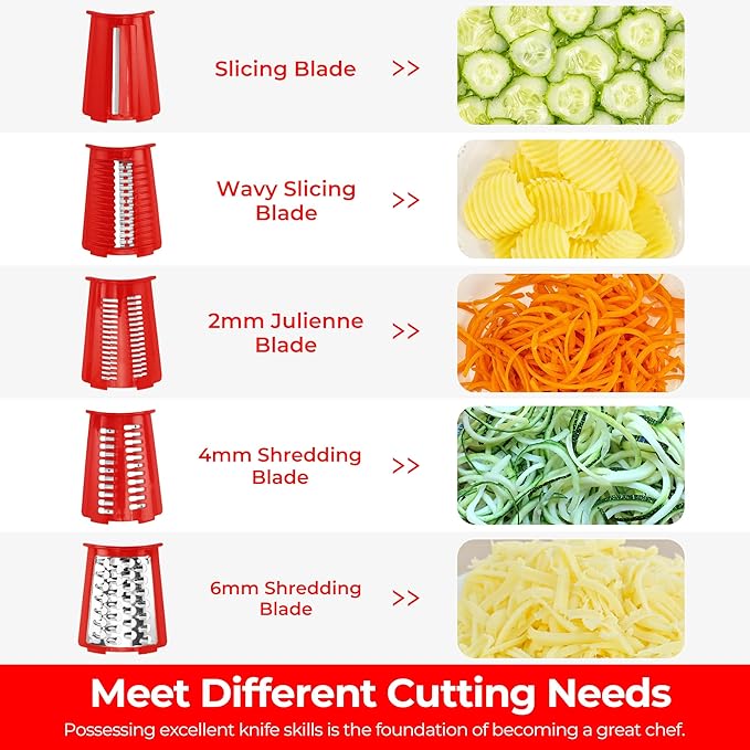SUSTEAS Rotary Cheese Grater with Handle - Vegetable Shredder with 5 Well-designed Blades & Strong Suction Base,Round Mandoline Slicer & Food Chopper for Kitchen,with Blade Storage Box(Red)
