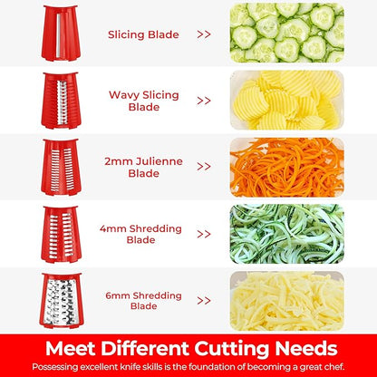 SUSTEAS Rotary Cheese Grater with Handle - Vegetable Shredder with 5 Well-designed Blades & Strong Suction Base,Round Mandoline Slicer & Food Chopper for Kitchen,with Blade Storage Box(Red)