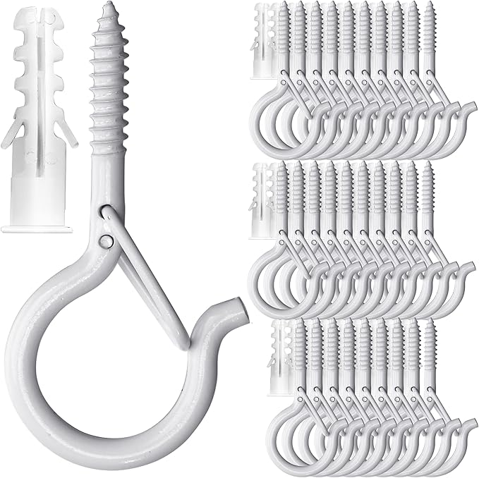 PlusRoc 30 Pack Christmas Light Hooks for Outside String Light Hanger Clips, 2.2 Inch White Cup Hooks Screw in Eye Hook Q-Hanger, Wall & Ceiling Deck Patio Tree Mount