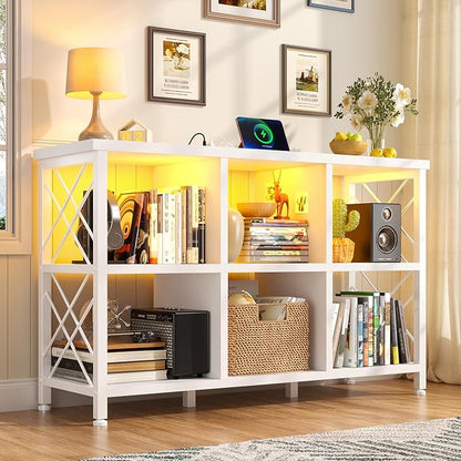 6 Cube Storage Organizer with LED Light and Charging Station, Wood and Metal Cube Shelf, White Horizontal Book Shelf for Bedroom, Home Office