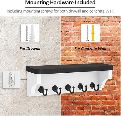 Nekon Key Holder for Wall, 11.8" W x 3.5" H x 2.8" D Decorative Key Organizer with Floating Shelf, Wall Mount Key Rack with 5 Hooks (Black)