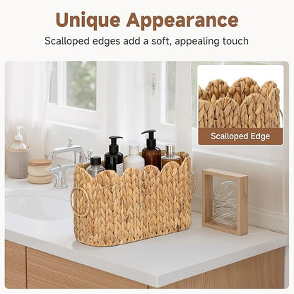 StorageWorks Scalloped Bathroom Toilet Paper Storage Holder, Wicker Toilet Paper Basket for 6 Regular Rolls, Slim Scalloped Basket Organizer with Handles, Water Hyacinth Storage Baskets for Bathroom