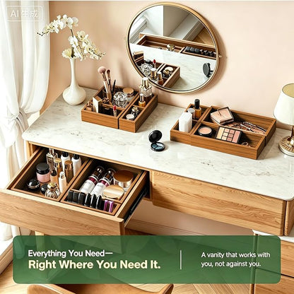9-Pack Solid Wood Junk Drawer Organizer, Modular Desk Drawer Tray & Accessories with Non-Slip Pad, Multi-Use for Kitchen, Office, Bedroom Dresser, Utensil, Makeup, Stationery, Tea Bags & Coffee Pod