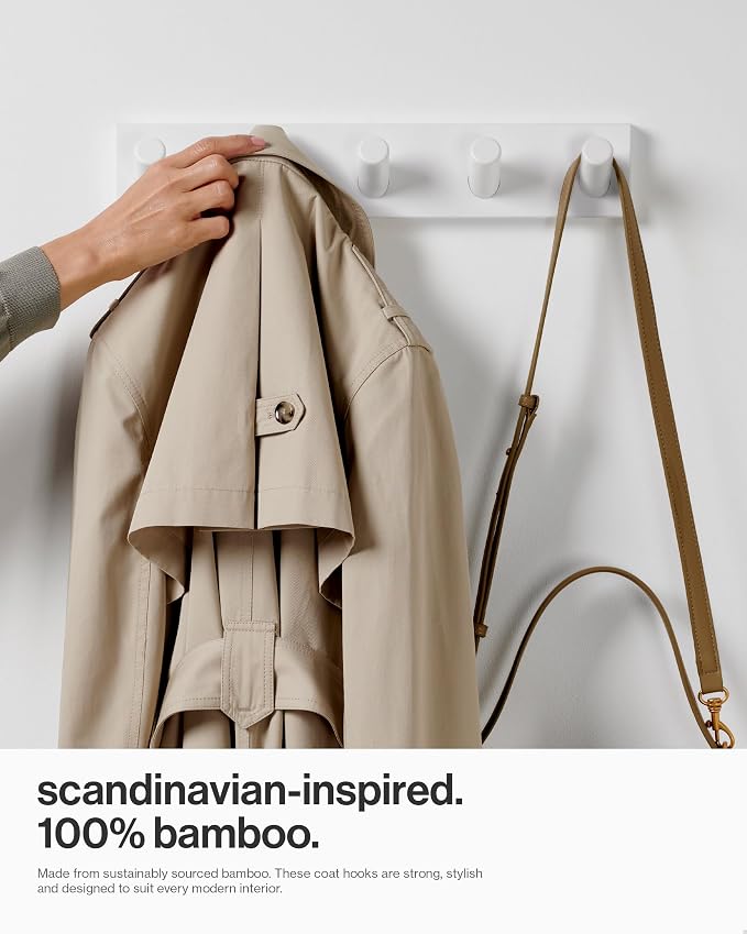 LARHN Wall Mounted Coat Rack, White with 5 Heavy-Duty 1" Diameter Hooks (2-Pack), 16.5" - Wall Hook Rack - Modern Scandinavian Home Decor