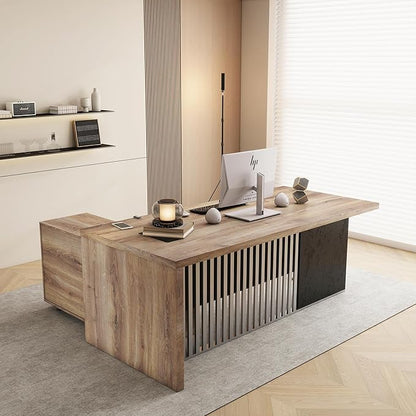 SAINTCY 70.87Inch L Shaped Executive Desk with Drawers, Modern Computer Writing Desk with File Cabinet, Business Furniture W/Stand Under Storage Organizer with Wheels,1.97IN Thick Desktop
