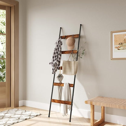 ELYKEN Blanket Ladder for Living Room, Farmhouse 5-Tier Quilt Holder with 4 Removable Hooks for Bathroom, Wood Towel Rack Display, Wall Anchor Leaning Decorative Stand for Home, Rustic Brown