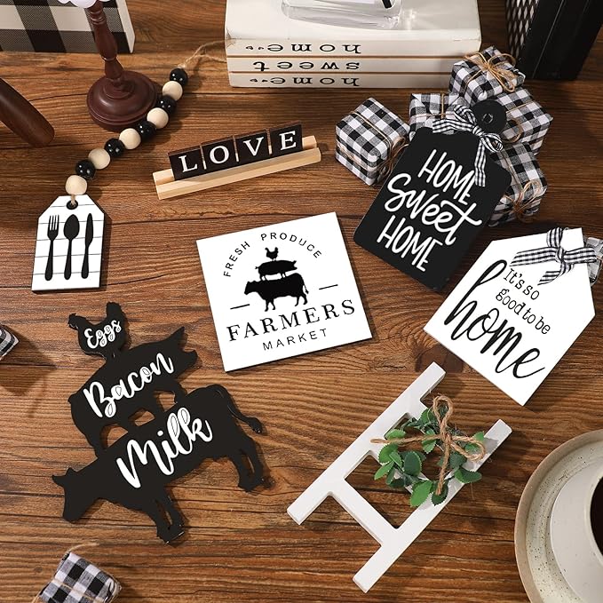 Set of 11 Home Tiered Tray Decor Spring Welcome Rustic Farmhouse Tiered Tray Decorations Set Home Wooden Signs Vintage Farm Animal Farmhouse Tabletop Wood Sign for Kitchen Table Shelf Decor