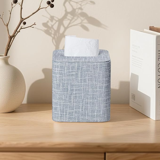 Square Tissue Box Cover with Magnetic Closure, Modern PU Leather Tissue Box Holder for Bathroom Vanity Countertop Night Stands Bedroom Office Desk, Stylish Cube Tissue Holder (Blue)