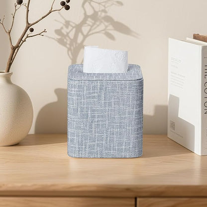 Square Tissue Box Cover with Magnetic Closure, Modern PU Leather Tissue Box Holder for Bathroom Vanity Countertop Night Stands Bedroom Office Desk, Stylish Cube Tissue Holder (Blue)