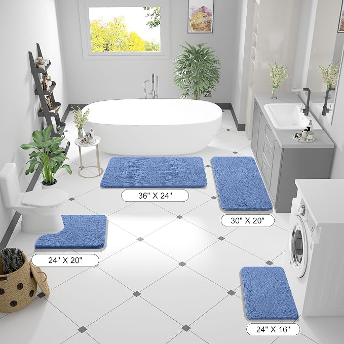 OLANLY Bathroom Runner Rugs 59x24, Soft Absorbent Chenille Bath Rugs, Rubber Backing Quick Dry, Machine Washable Long Bath Mats for Bathroom, Tub and Shower, Home Decor Accessories, Cornflower Blue