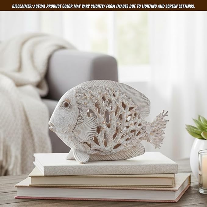 Coral Reef Fish Figurine Nautical Home Decor White Accent Centerpiece Coastal Tabletop Collection 12 1/2 Inch Sculpture