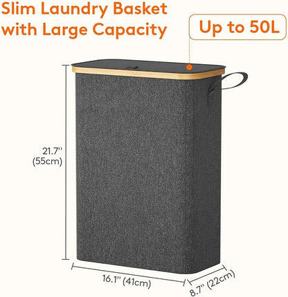 Lifewit 50L Slim Laundry Hamper with Lid, Narrow Laundry Basket with Removable Bag & Bamboo Handles, Fodable Thin Dirty Clothes Hamper for Laundry Collapsible Bin for Bathroom Bedroom Dorm, Dark Gray