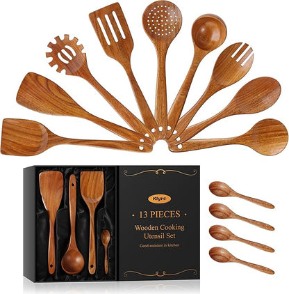 KLYRO 13 Pcs Wooden Cooking Utensil Set with Gift Box – Natural Wooden Spoons for Cooking & Serving, Nonstick Friendly, Perfect Housewarming & Holiday Gift