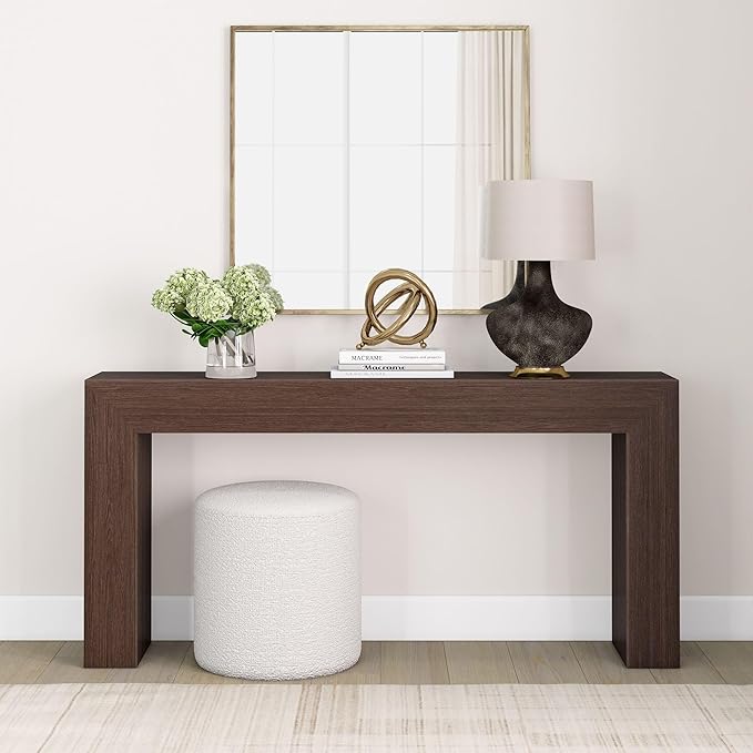Plank+Beam Grand Console Table, 66 Inch Modern Solid Wood Sofa Table, Narrow Entryway Table for Hallway, Behind The Couch, Living Room, Foyer, Walnut Wirebrush